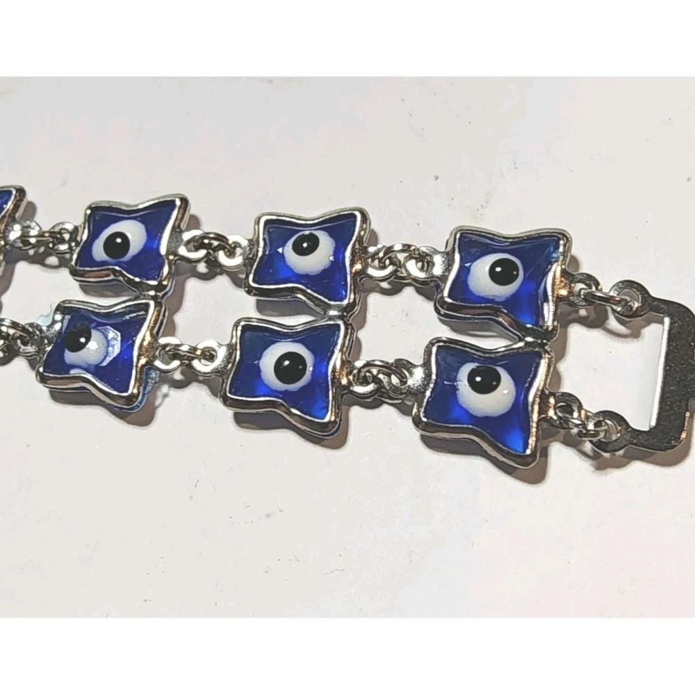 Dark Blue Turkish Evil Eye Crystal Glass Link Bracelet Reversable 8 1/4"